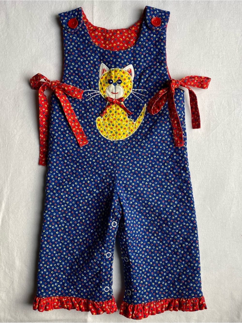 Vintage Cat Romper Size 12 Months Nannette Chintz Floral Red Blue One Piece Girl
